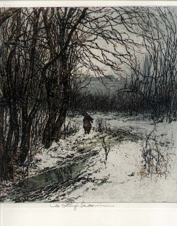 KASIMIR ETCHING SNOW SCENE: [ART] ORIGINAL ETCHING by Luigi Kasimir - [1881-1962]. Titled "KLOSTERNEUBURG". Pencil signed "n.1 Luigi Kasimi". This means that the artist's son, Robert, signed this etching after his father's death