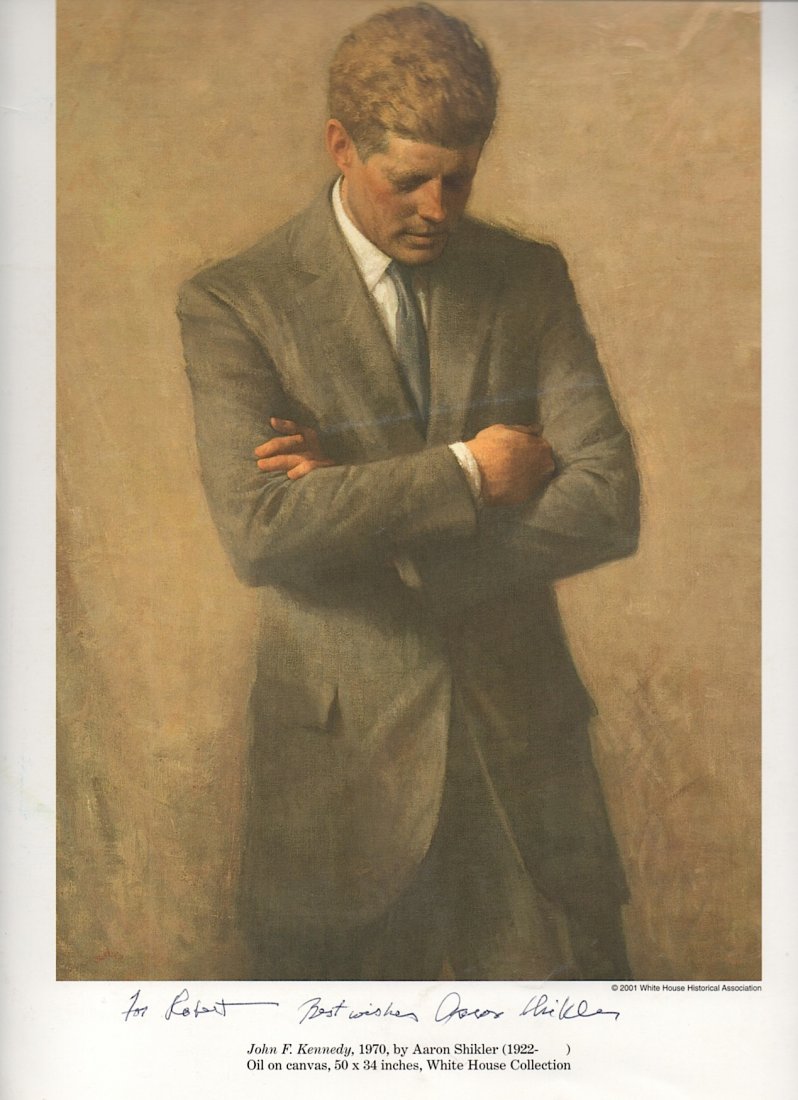Portrait of John F. Kennedy by Aaron Shikler: Aaron Shikler (b. 1922) American artist noted for portraits of American statesmen and celebrities. He is noted for his posthumous character study of John F. Kennedy, Oil Portrait of John F. Kennedy, w