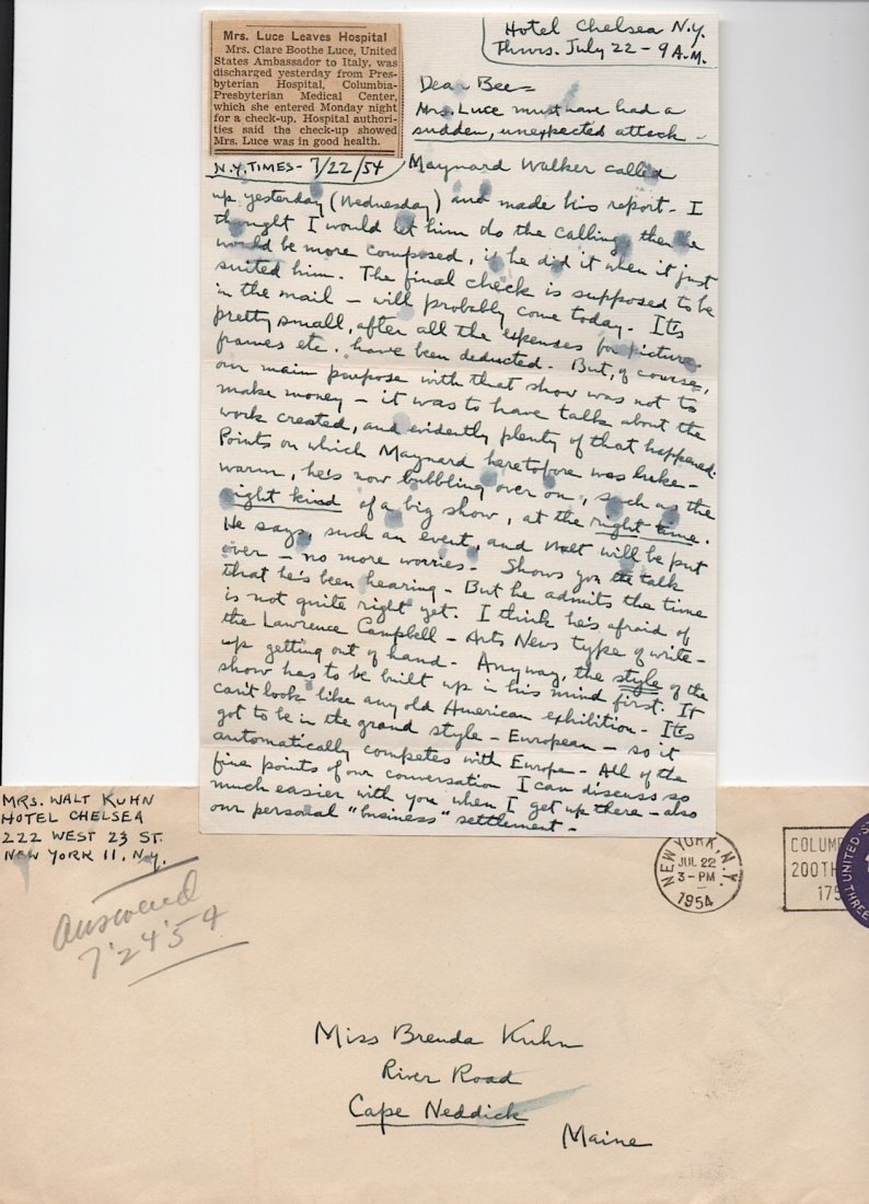 Rare ALS by Walt Kuhn's Wife: (KUHN) VE (Mrs. Walt Kuhn) ALS, Hotel Cheslsea, NY, 1954, 2 pp. To daughter Brenda. Good art content about Walt Kuhn's dealer Maynard Walker. First page with many small ink smudges. Easy to read, this
