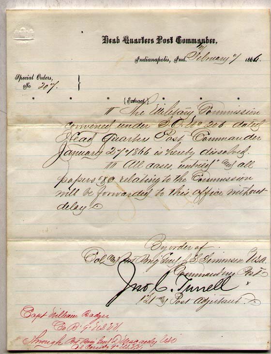 Served With Gen. George Custer: [MILITARY] John C. Turner - 1st Lt., Post Adjutant [Indianapolis, Ind.]. Document Signed, Head Quarters, Indianapolis, Ind., Feb. 7, 1866, 1p. To Capt. William Badger, 9th Regt. The 9th Regiment was U