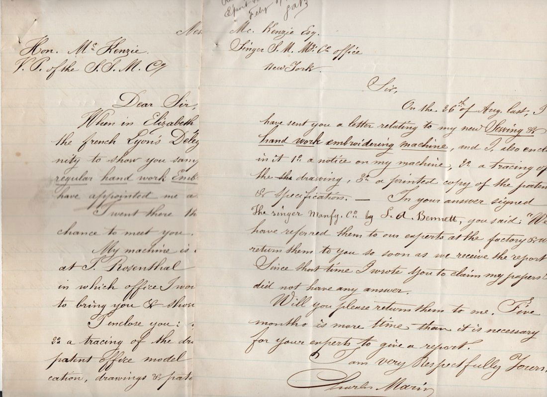 Archive of Letters to Singer Sewing Co.: [SINGER SEWING MACHINE] Archive of approx. 43 letters sent to the headquarters of the Singer Manufacturing Co. in the 1870s. Various topics and letterheads from a variety of cities and states. Most wi