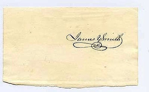 Gov. of Rhode Island during the civil war: James Y. Smith [1809-1876] Gov. of Rhode Island during the civil war [May 26, 1863 - May 29, 1866]. Excellent example of his autograph signature on slip with wide clean margins.Picture of him is NOT i