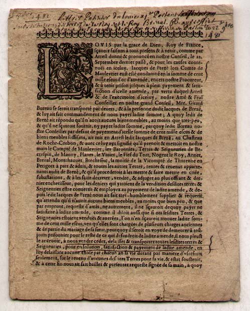 Rare 1481 French Edict: [FRANCE] French Incunabula, 1481, a famous Edict of Louis XI against Jacques de Breze who killed his wife and lover. 4 pages, approx. 6-1/4 x 8". Jacques, grand sénéchal of Normandy, the son of Pier