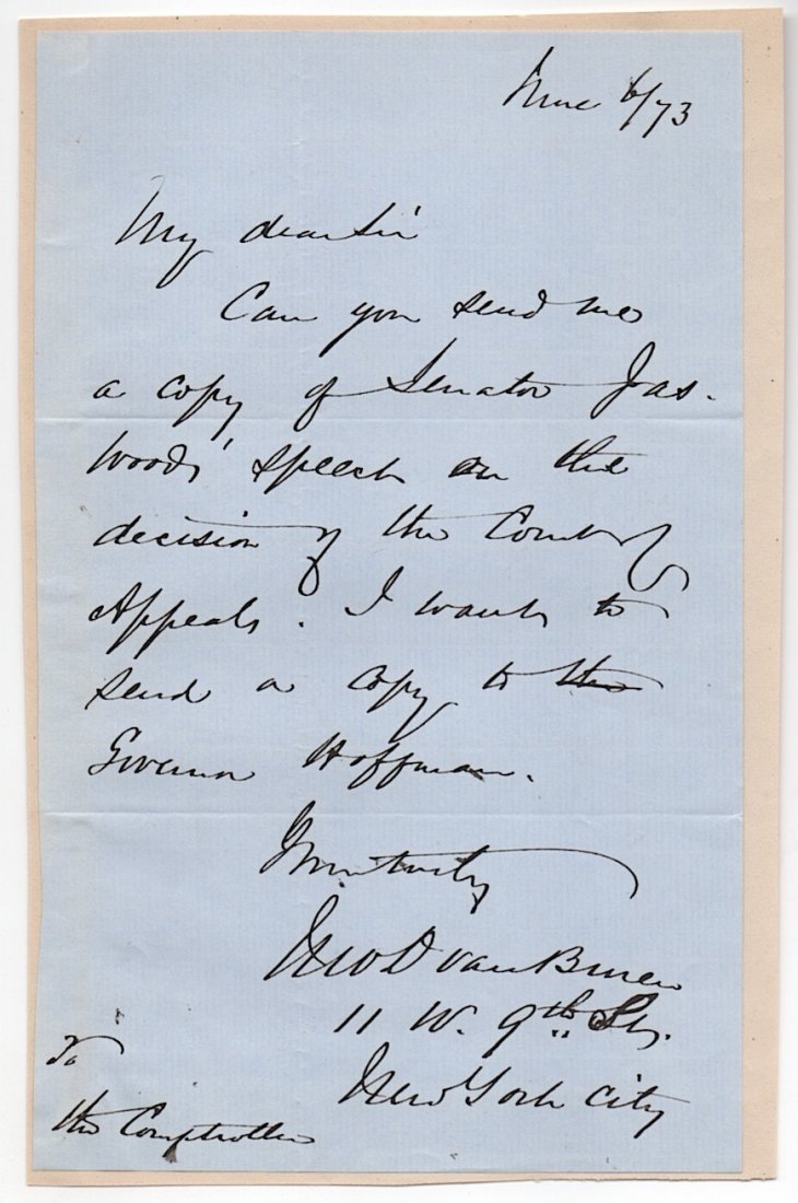 [NY] Jno. D. Van Buren (1811-1885): [NY] Jno. D. Van Buren (1811-1885) merchant from New York City, assemblyman in 1863, and Governor John T. Hoffman\'s private secretary. He became head of the importing-house of Benjamin Aymar & Co., N