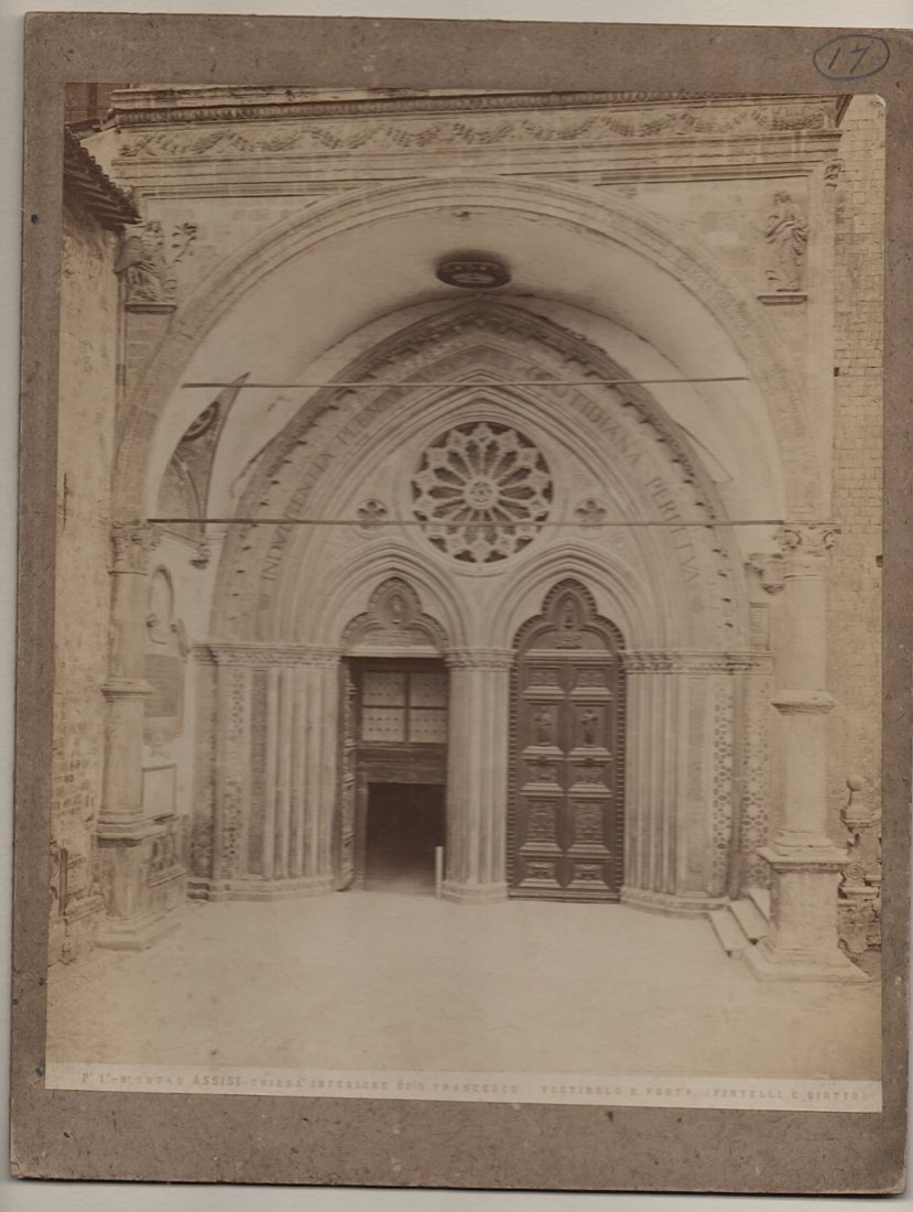 Church of Saint Francis, Assisi: [PHOTOGRAPHY] 19th century mounted cabinet photograph - Giotto and Workshop. (1266/7-1337) Vestibule and Portal, Lower Church of Saint Francis, Assisi." Provenance: Art Collection of former Nasson Col