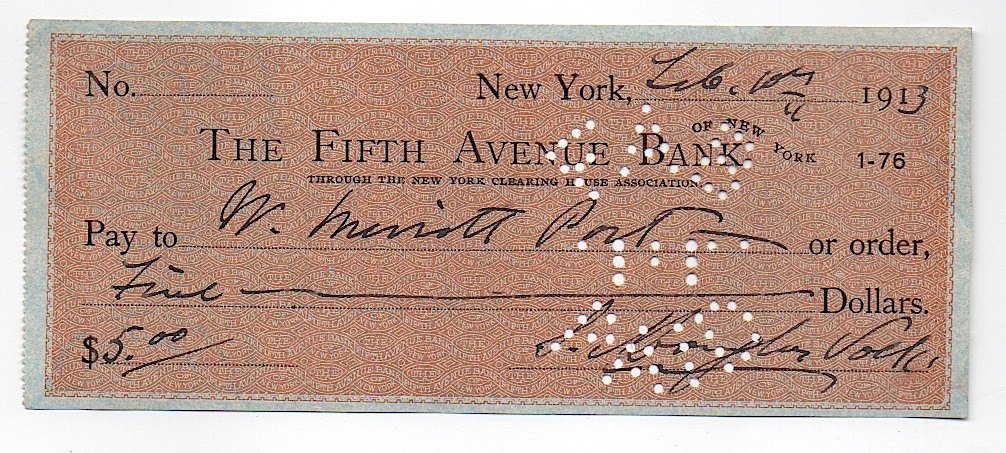 Douglas Volk Check to Painter William Merritt Post 1913: S.A. Douglas Volk (1856-1935) American portrait painter and the son of noted sculptor Leonard Volk. Best known for his portraits of Abraham Lincoln, one of which hangs in the Lincoln Bedroom at the Wh