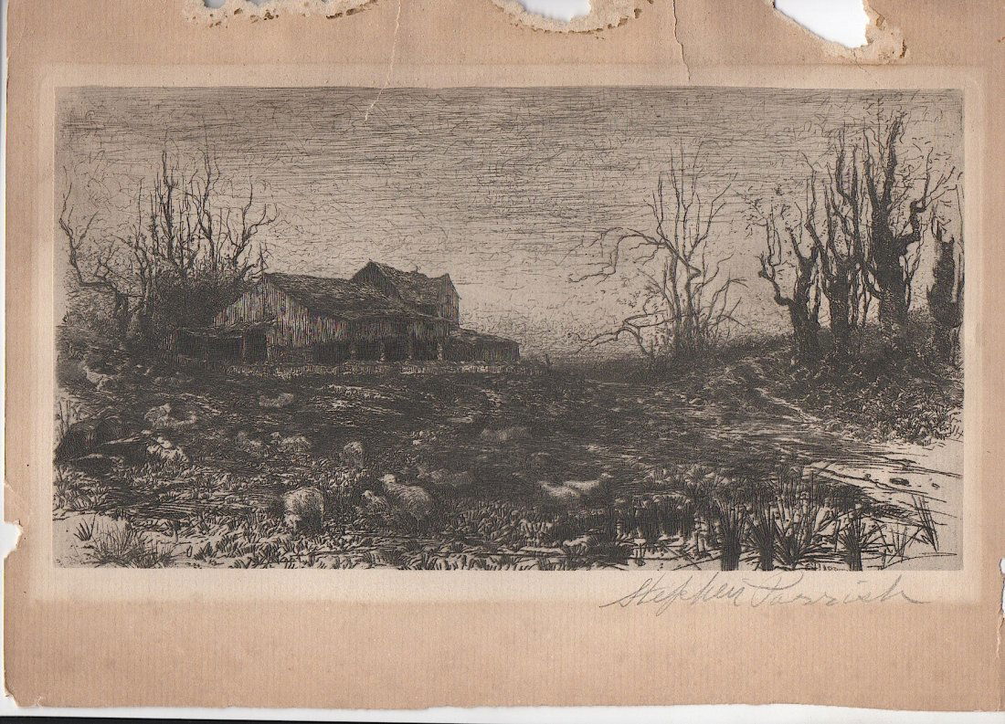 Stephen Parrish etching: Stephen Parrish (1846-1938) American painter and an etcher and the father of Maxfield Parrish. Parrish was engaged in mercantile pursuits until he was 30, when he applied himself to art, studying for