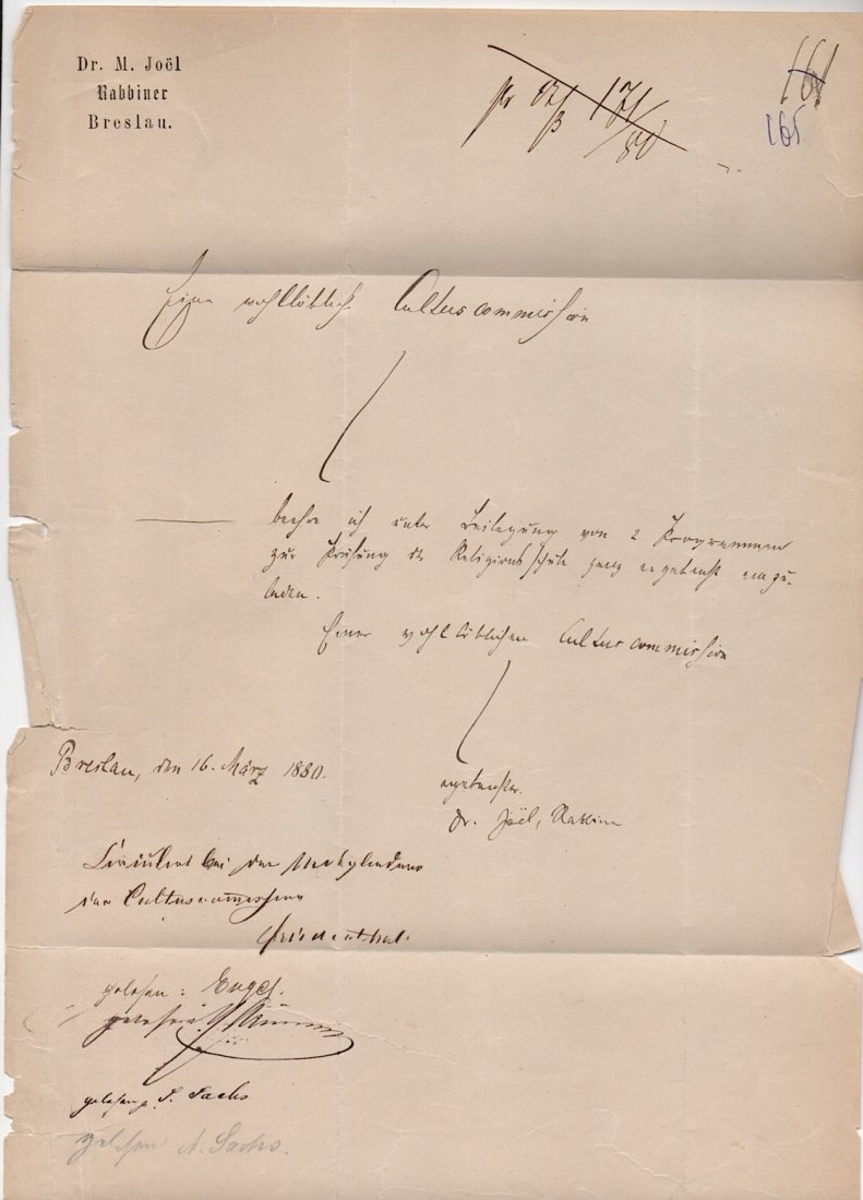 [JUDAICA] Manuel Joel (1826-1890): [JUDAICA] Manuel Joel (1826-1890) German Jewish philosopher and preacher. After teaching for several years at the Breslau rabbinical seminary, founded by Zecharias Frankel, he became the successor of 