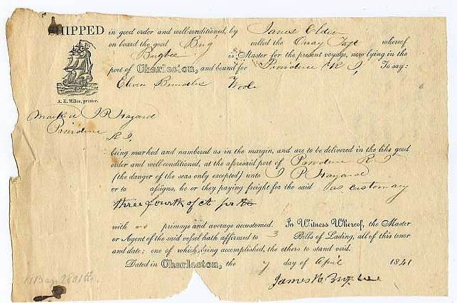 Charleston SC bound for Providence, RI: 1841 Bill of Lading shipping eleven bundles of wool from Charleston, SC to Providence, RI. Shipped by I.P. Hazard, brother of Rowland G. Hazard. Roland Gibson Hazard (1801-1888) was a financier from R