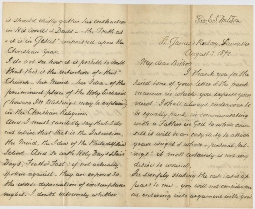 Great Episcopal Church Letter - 1877: Edward Shippen Watson - Rector of St. James Episcopal Church, Lancaster, Pennsylvania 1870 - 1877. Wrote on religious themes. Offered here is an ALS, 8 full page letter to his Bishop [not named], St J