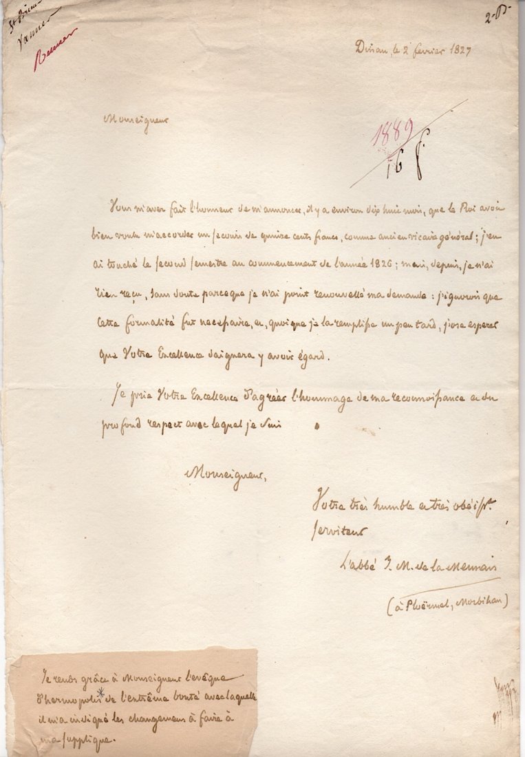 de Lamennais (1780-1860) Breton Catholic priest: [FRANCE] The Very Rev. Canon Jean-Marie-Robert de Lamennais (or de la Mennais) (1780-1860) was a Breton Catholic priest, and brother of the noted philosopher Hugues FelicitâˆšÃ Robert de Lamenna