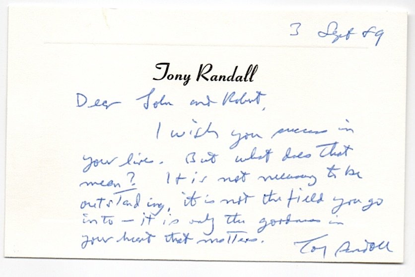 Tony Randall (1920-2004) American actor: [FILM] Tony Randall (1920-2004) American actor in film and TV. ALS, 1989, on his personal note card. Fine.