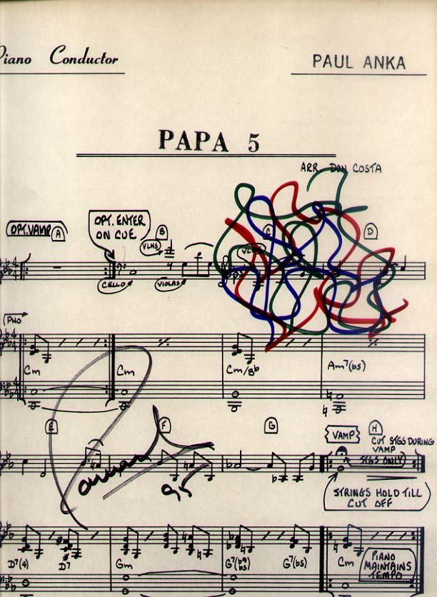 Paul Anka - signed and dated 95 sheet music: Paul Anka - signed and dated 95 sheet music for his famous song PAPA, approx. 9.5 x 13". We do not know what the color abstract lines mean, or who made them [Anka?].