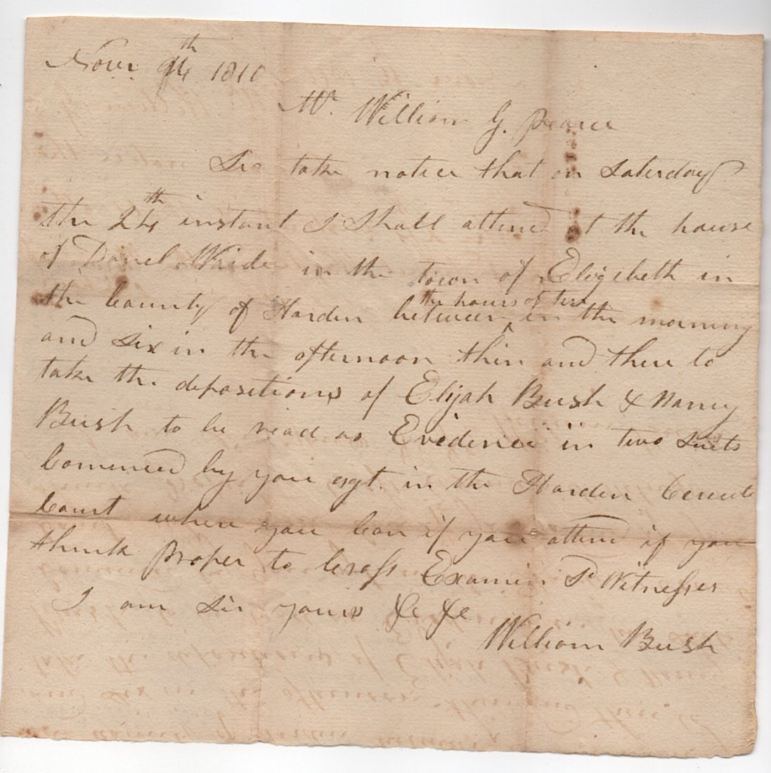 Wm. Bush - Uncle of Abe Lincoln: Kentucky Pioneer document dated 1810, signed legal document, Hardin County [Elizabethtown] Kentucky. William Bush acquired land like his parents, and by 1817 had married and built an attractive brick 