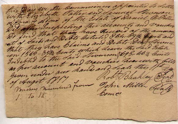 KENTUCKY PIONEER HISTORY: [KENTUCKY] Kentucky document dated 1817 from the Elizabethtown area. Signed Robert Bleakley, who with William Montgomery, a fellow Irishman, opened a general store in Elizabethtown. Their establishmen