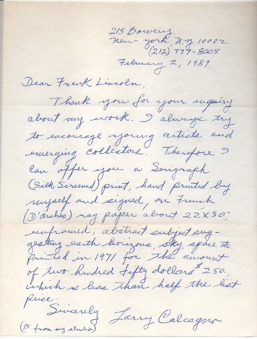 Larry Calcagno (1913-1993) American painter: Lawrence "Larry" Calcagno (1913-1993) American painter. Benefiting from the G.I. Bill in 1947 Lawrence Calcagno enrolled at the California School of Fine Arts, San Francisco, CA. His teachers were Mar