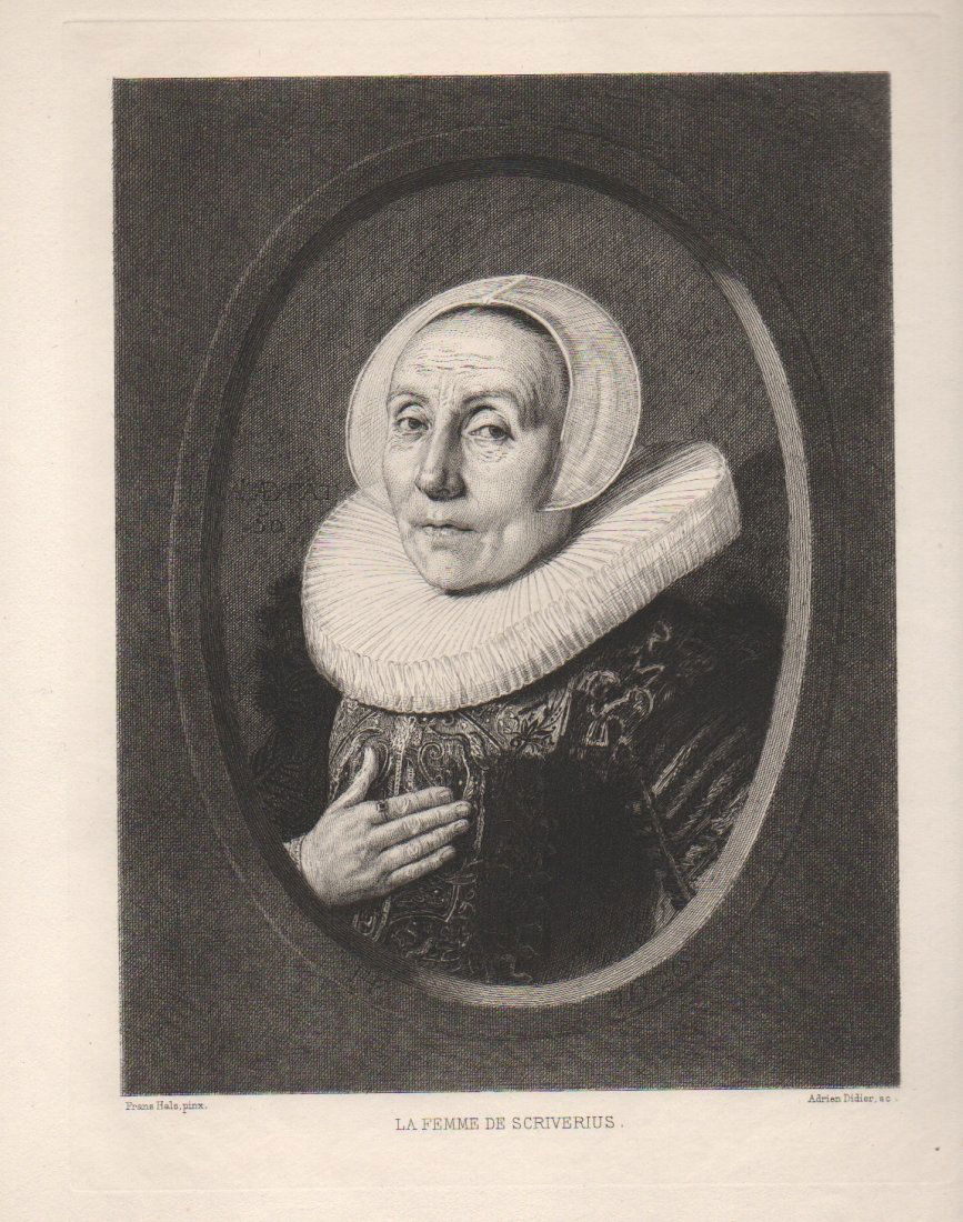 Didier (1838-1924) French etching: Adrien Didier (1838-1924) French 19th century engraving after Frans Hals, title is " Scriverius's Wife", image approx. 8 x 6-1/4" plus margins. There is another example of this print in the Harvard Ar