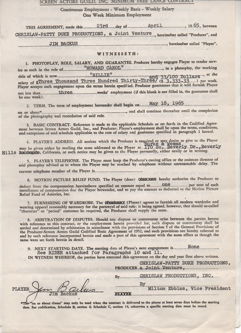 [FILM] Jim Backus (1913-1989) Signed Contract: [FILM] Jim Backus (1913-1989) American radio, television, film, and voice actor. Among his most famous roles are the voice of nearsighted cartoon character Mr. Magoo, the rich Hubert Updike III on the