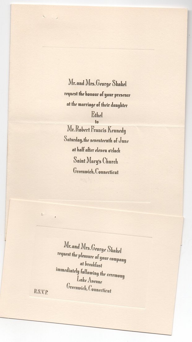 Ethel & Robert Kennedy Wedding: Wedding Invitation for marriage of Ethel Skakel to Robert Francis Kennedy, 1950, includes the R.S.V.P. card and a copy reply from Philip J. Philbin, Mass. Congressman. All items are in fine condition.