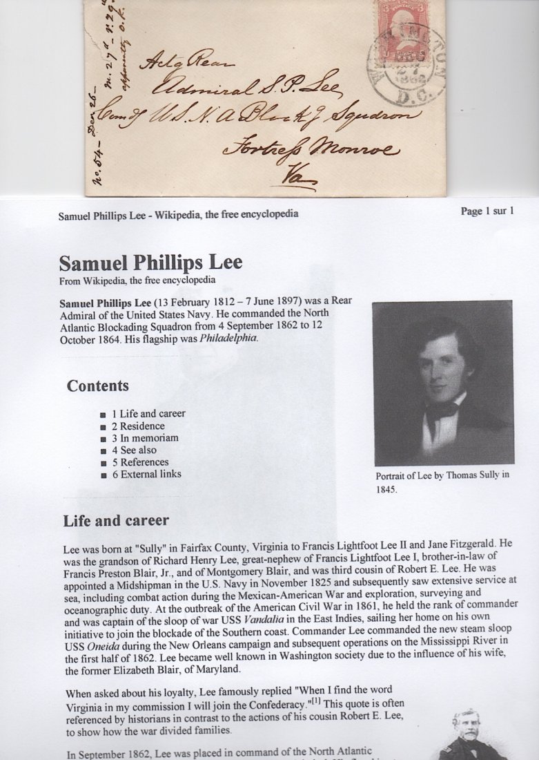 Samuel Phillips Lee (1812-1897) Rear Union Admiral: [CIVIL WAR] Samuel Phillips Lee (1812-1897) Rear Union Admiral. Stamped envelope address to Admiral S.P. Lee, Comd. U.S.N.A. Blocking Squadron, Fortress Monroe. Superb condition. Docketed in his own h