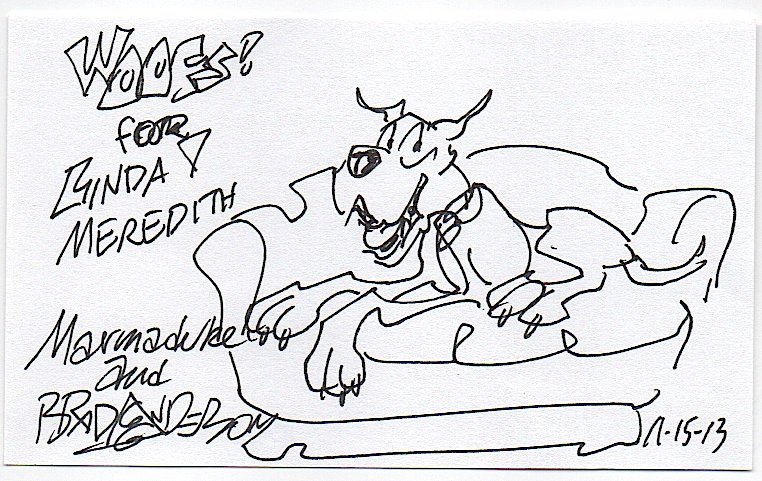 [CARTOON] Brad Anderson: [CARTOON] Brad Anderson (b. 1924) American cartoonist and creator of the comic strip Marmaduke. Signed original sketch of Marmaduke on 3x5 card, inscribed. Fine..