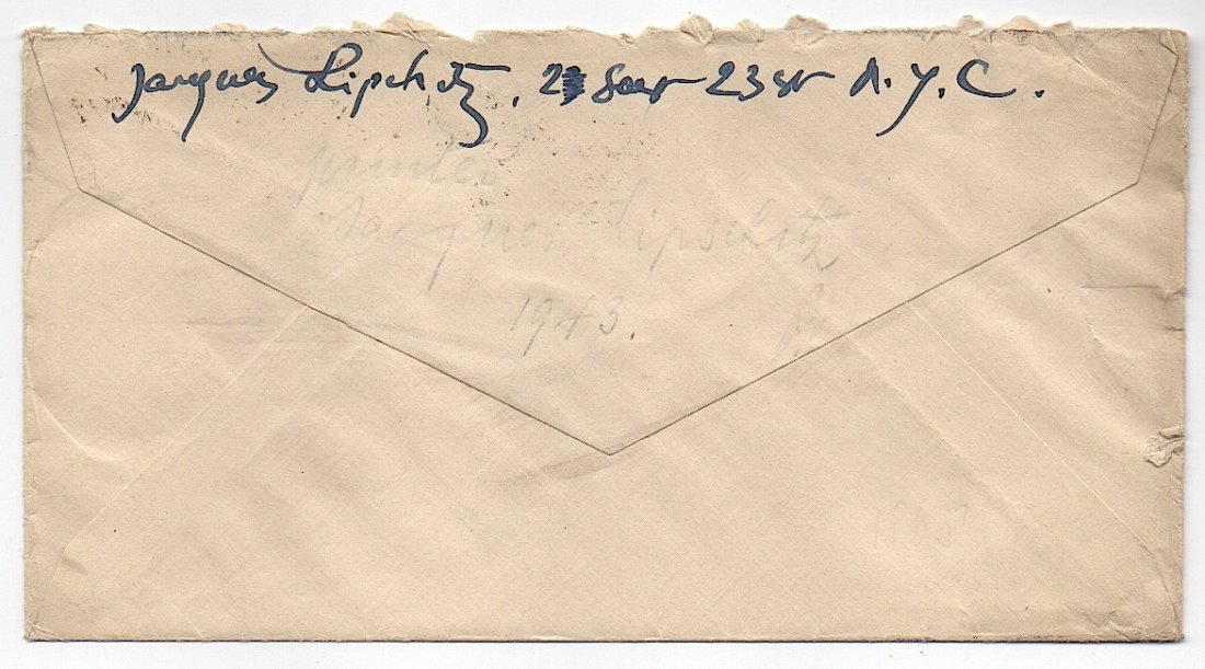 Jacques Lipchitz (1891-1973) Cubist sculptor: Jacques Lipchitz (1891-1973) Cubist sculptor. FULL SIGNATURE on return address panel of envelope [backside], with his address in his hand; postmarked May 4, 1943.