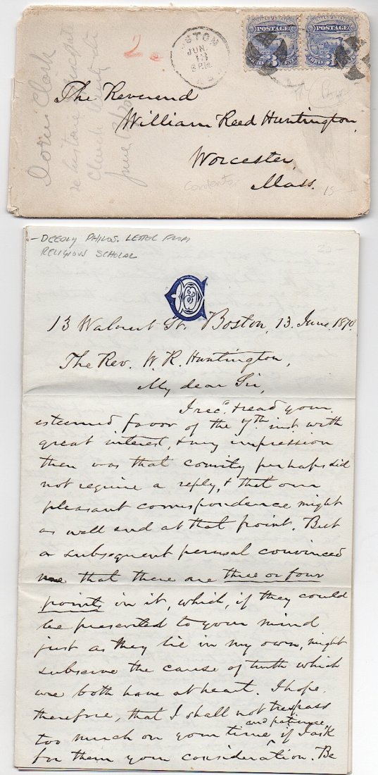 [BOSTON] DORUS CLARKE - student philosopher: [BOSTON] DORUS CLARKE - student philosopher. ALS, Boston, 1870, 12 pages, 8vo. To Rev. William Reed Huntington, Worcester, Mass. With envelope.