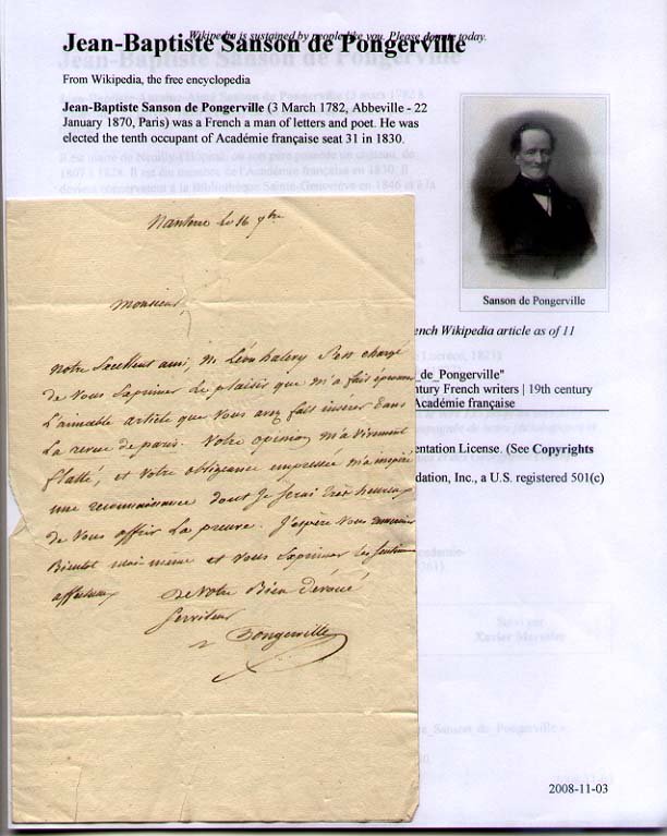 De Pongerville [1792-1870] Fr. poet, writer: [FRANCE] Jean Baptiste Antoine-Aime Sanson De Pongerville [1792-1870] Fr. poet, writer. ALS, 1855, 1p, to PHILARETE CHARLES.