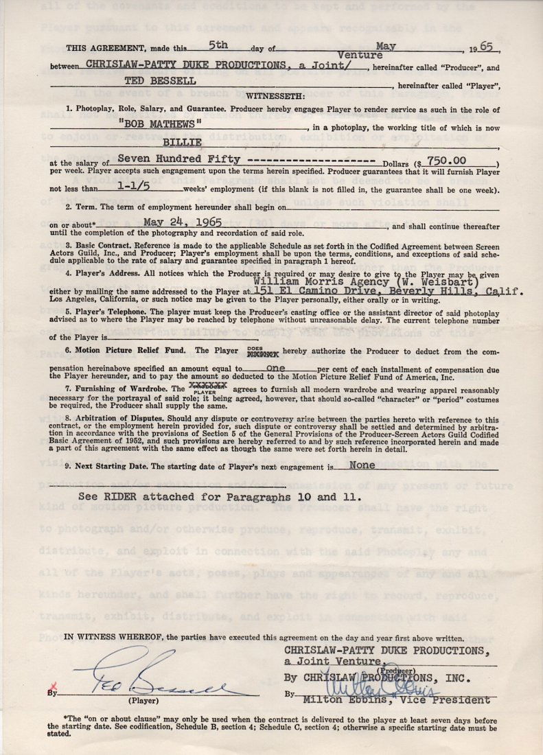 [FILM] Ted Bessell (1935-1996) Signed Contract: [FILM] Ted Bessell (1935-1996) American television actor and director. Bessell's best-known TV role was as Donald Hollinger, Marlo Thomas's boyfriend on the hit series That Girl, which ran for five se
