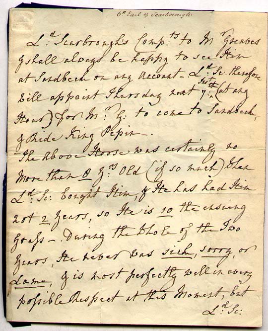 [GREAT BRITAIN] LORD SCARBOROUGH: [GREAT BRITAIN] LORD SCARBOROUGH, 6th Earl. Richard Lumley Saunderson [1757-1807]. ALS, 1819, 2 pages, written in the 3rd person. Attached is the address panel which includes his black wax seal which