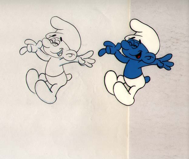 THE SMURFS: [CARTOONS] THE SMURFS circa 1980 hand-painted animation Cel of a Smurf laughing. Presented Along with the Matching Animation Pencil Drawing of this. Two pieces. Image Size 4-3/8 Inches high. Both VG.