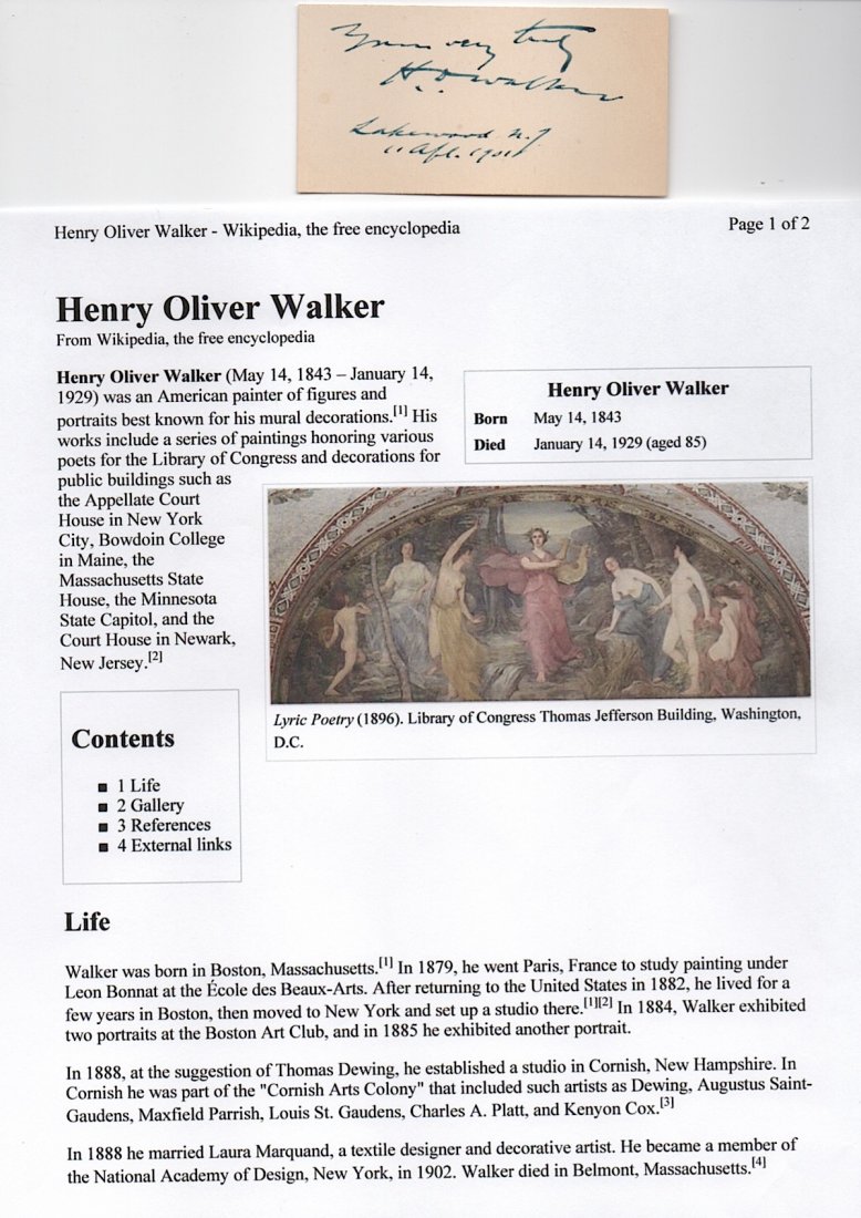 Henry Oliver Walker (1843-1929): [ART] Henry Oliver Walker (1843-1929) American painter of figures and portraits best known for his mural decorations. His works include a series of paintings honoring various poets for the Library of 