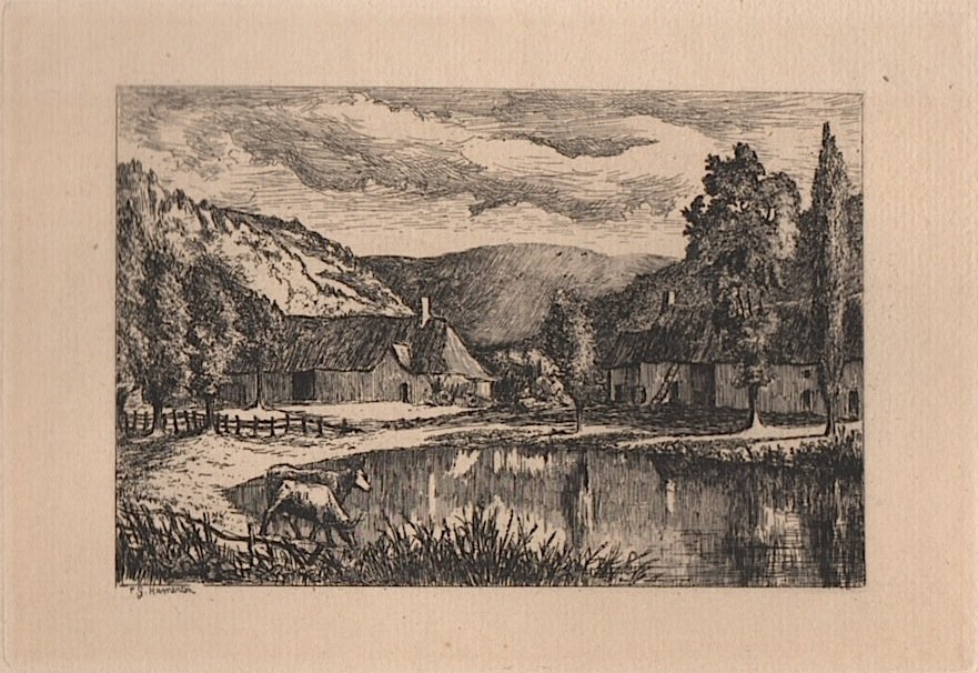 Hamerton (1834-1894) English artist: Philip Gilbert Hamerton (1834-1894) English artist and art critic and author. Original etching, "Cottages In A Valley", plate signed, image approx. 3 x 4-1/2" plus margins. VG. Hamerton was born at La
