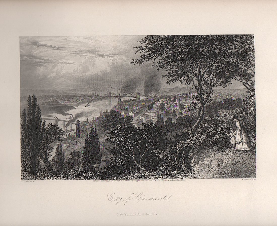 City of Cincinnati Scene: Antique engraved view CITY OF CINCINNATI, engravedc by W. Wellstood after A.C. Warren, image approx. 5-1/2 x 8-3/4 in. plus margins. VG