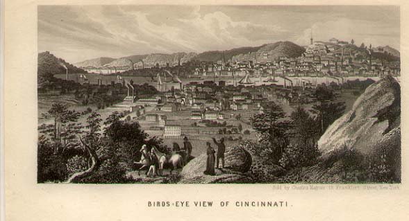 View of Cincinnati by Charles Magnus: Birds-Eye View of Cincinnati - 7-1/4 x 3-1/2" by Magnus.