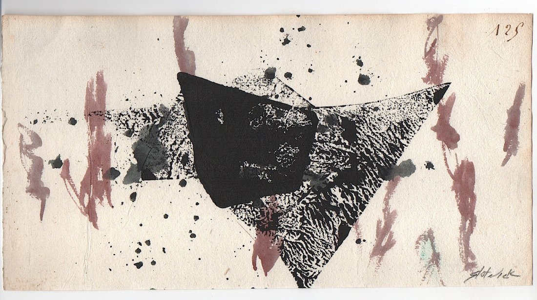 Slotnick Abstract #4056: Mixed media on antique paper, signed. Also signed and dated 2006 on verso. Approx. 6 x 11-1/2 in. Very good condition. Unframed. Merv Slotnick (b.1941) American artist living in Maine._His work is in 