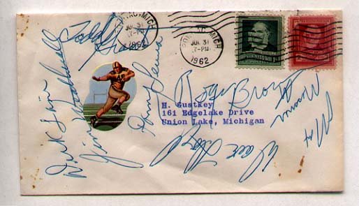 Detroit Lions: [FOOTBALL] a cover postmarked 1962 signed by 7 members of the Detroit Lions team: Roger Brown {b. 1937], Danny Lewis [b. 1936], Dick "Night Train" Lane [1927-2002] HOF'er, voted best cornerback of fir