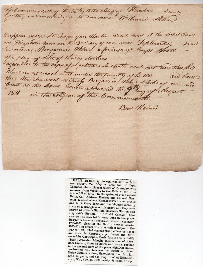 Kentucky Pioneer 1811 Document (1 of 2)