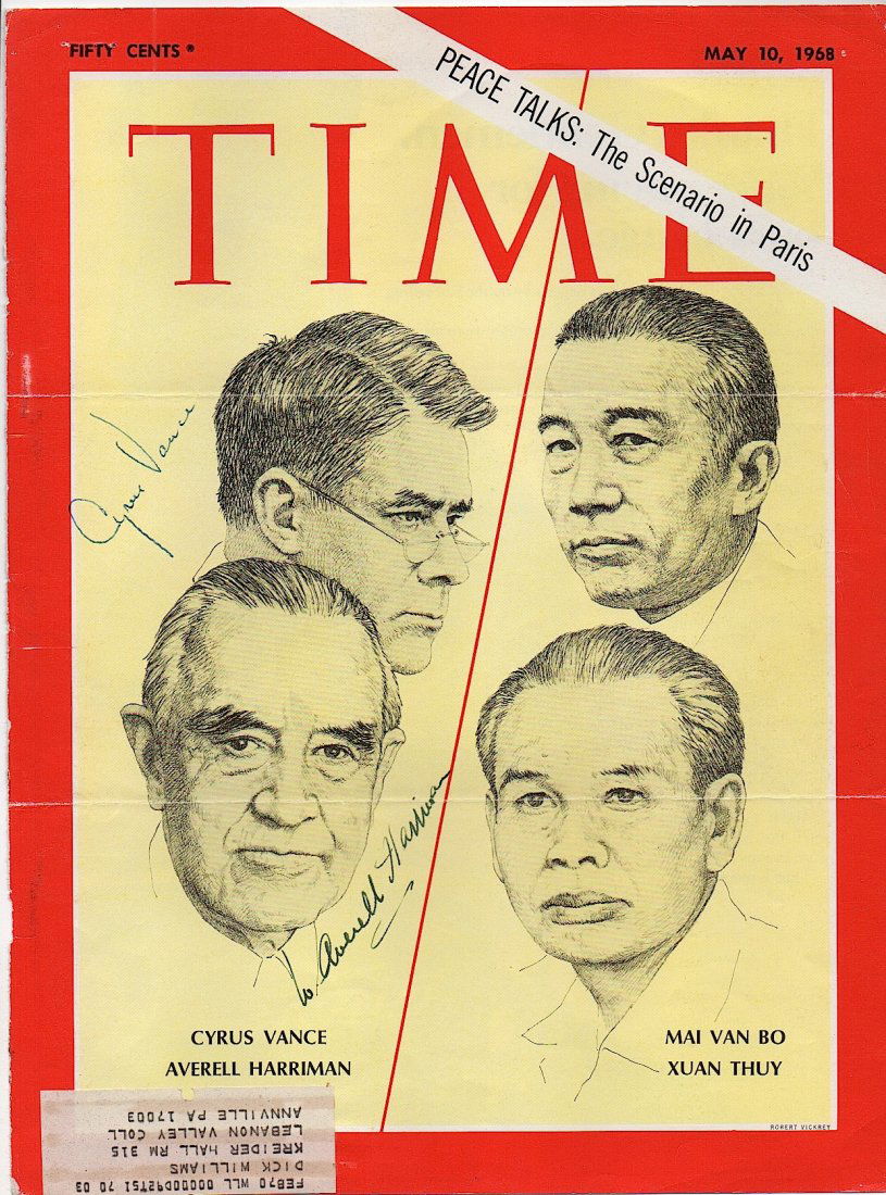 TIME Magazine cover signed: TIME Magazine cover signed by Cyrus Vance (1917-2002) and also William Averell Harriman. Two fold lines o/w very good. Approx. 8-1/4 x 11 in.