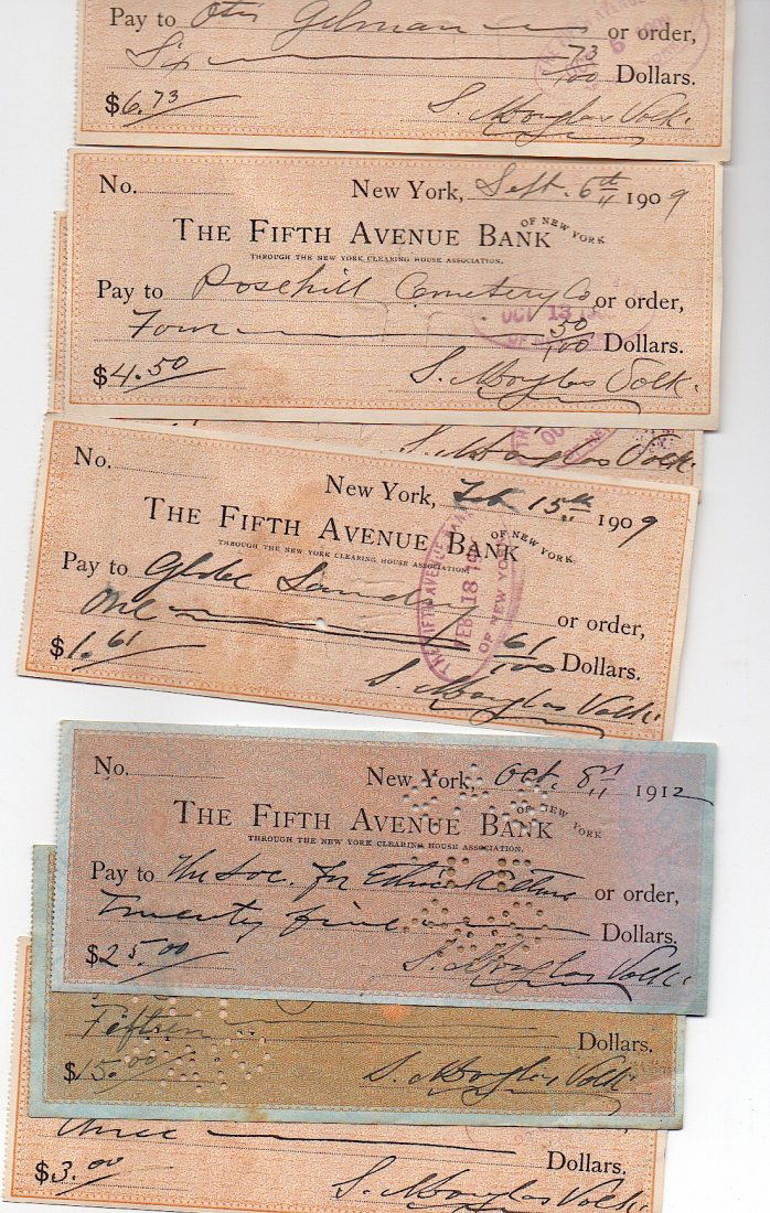 7 Douglas Volk Checks: Seven signed bank checks by the noted artist Douglas Volk. These dated 1909-1921. S. Douglas Volk [1856-1935] He helped establish the Minneapolis School of Fine Arts . After 1904 he and his wife Mario
