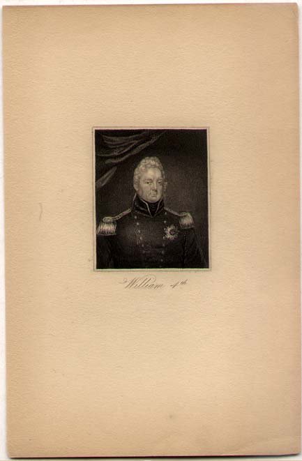 King William 4th (1765-1837): [PORTRAIT] King William 4th (1765-1837) King of United Kingdom of Great Britain and Ireland. Antique original engraved portrait. Approx. 2-3/4 x 2-1/4" plus wide margins.