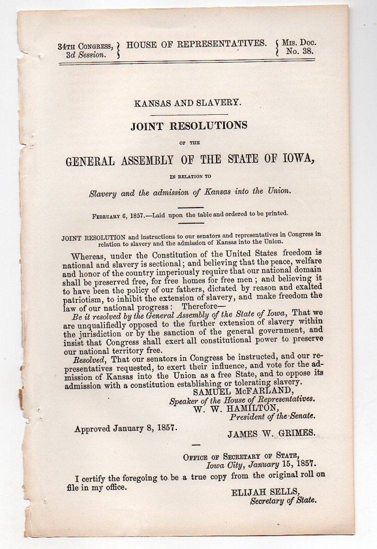 KANSAS AND SLAVERY: [SLAVERY] 1857 National government publication [known today as Gov. Doc] - KANSAS AND SLAVERY, Joint Resolutions of the General Assembly of the State of Iowa in relation to Slavery and the admission o