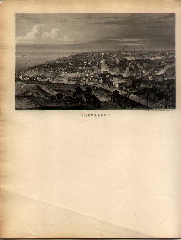 Cleveland, Ohio View: Bird's-eye view of Cleveland, Ohio, issued by Charles Magnus in New York City in the second half of the nineteenth century. Uncolored and in very good condition. Showing image approx. 7-5/8 x 4-1/2 in