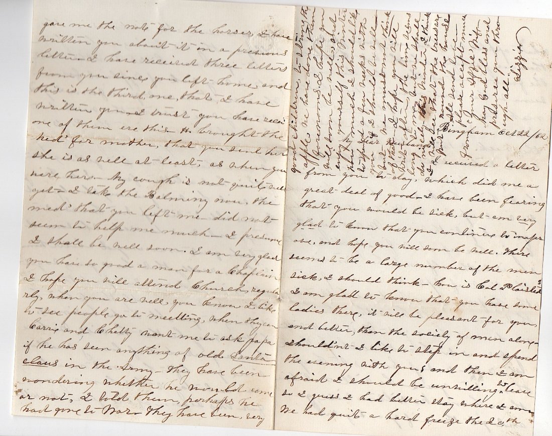 Letter to Nathan F. Blunt, Civil War Surgeon: Letter Written to Nathan F. Blunt, Civil War Surgeon. From his family in Bingham, Maine. Lizzie Blunt - wife of Dr. Nathan F. Blunt, Civil War Surgeon. She writes a letter from home to her husband at 