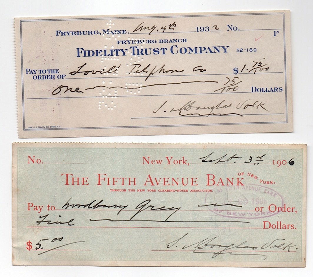 Artist Douglas Volk - 2 bank checks: [ART] DOUGLAS VOLK [1856-1935] AMERICAN ARTIST. Douglas was born to be an artist. His father was the famous sculptor Leonard Wells Volk and his mother Emily Barlow Volk was counsin to Senator Steven D