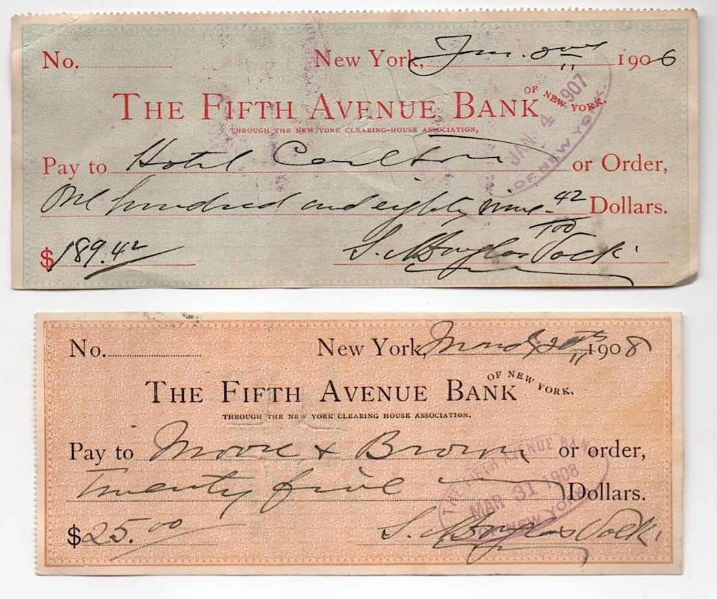Artist Douglas Volk - 2 bank checks: [ART] DOUGLAS VOLK [1856-1935] AMERICAN ARTIST. Douglas was born to be an artist. His father was the famous sculptor Leonard Wells Volk and his mother Emily Barlow Volk was counsin to Senator Steven D