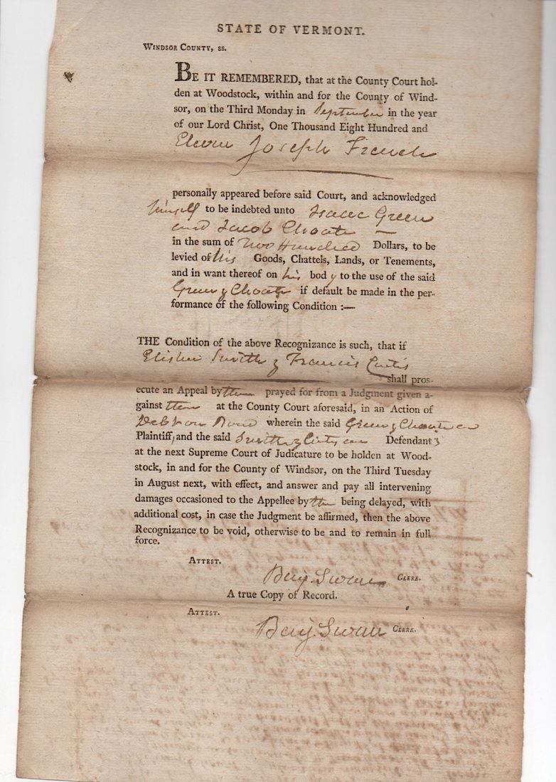 [VERMONT] Benj. Swan (1762-1839) (1 of 2)