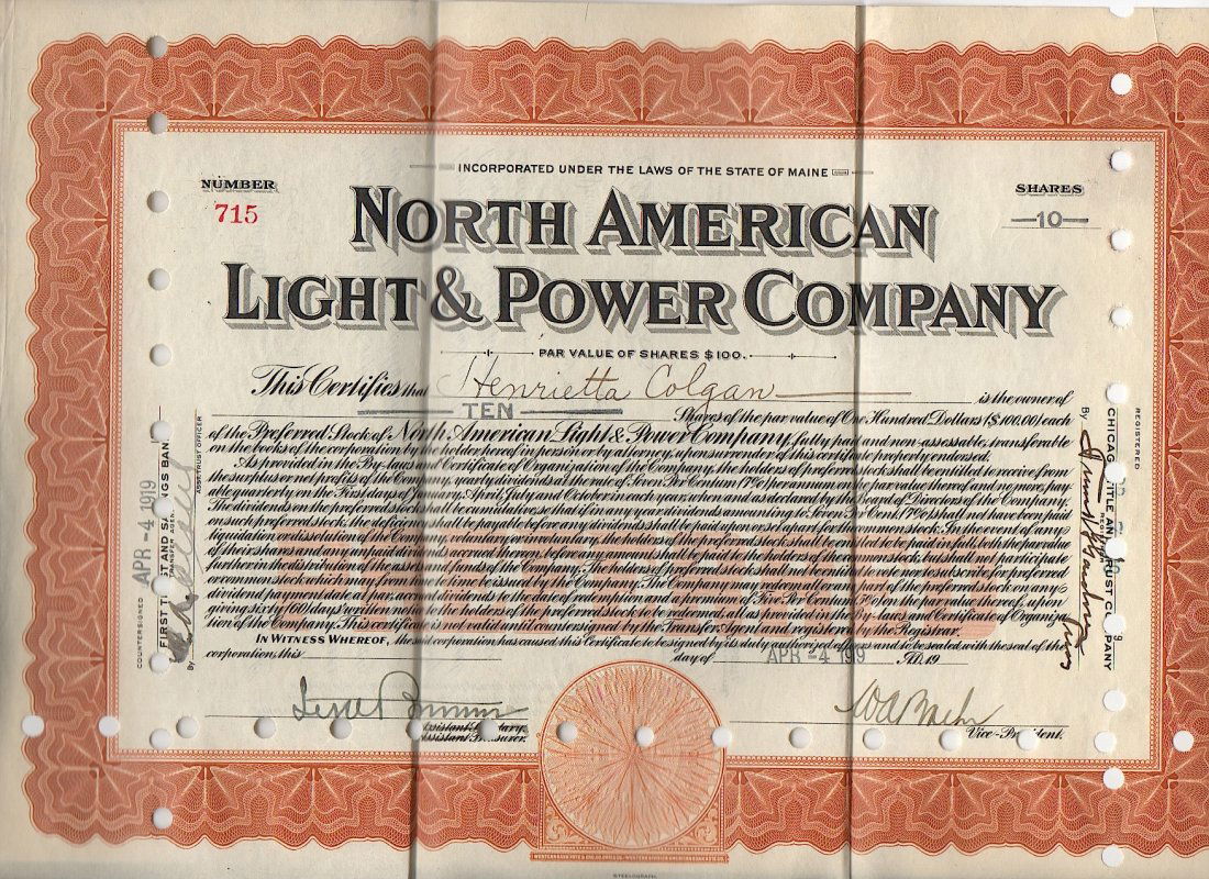 North American Light and Power Co., Maine: William Alfred Baehr (1873-1943). American financier who was president of many utilities firms. Document Signed, North American Light and Power Co., Maine, 1919. Stock certificate. Signed while he was