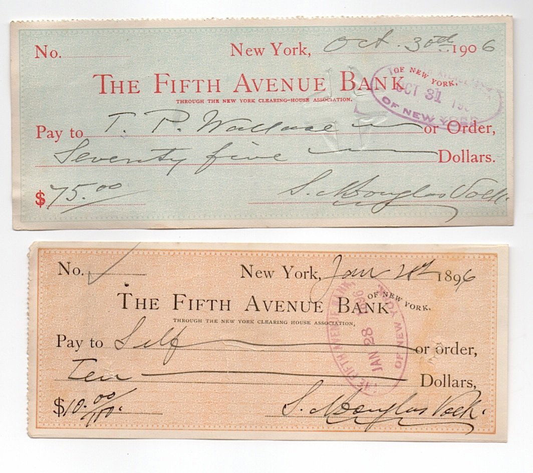 Artist Douglas Volk - 2 bank checks: [ART] DOUGLAS VOLK [1856-1935] AMERICAN ARTIST. Douglas was born to be an artist. His father was the famous sculptor Leonard Wells Volk and his mother Emily Barlow Volk was counsin to Senator Steven D