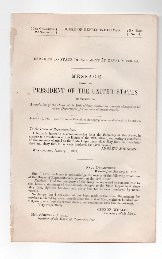 PRESIDENT Andrew Johnson - 1867 Gov. Document (1 of 1)
